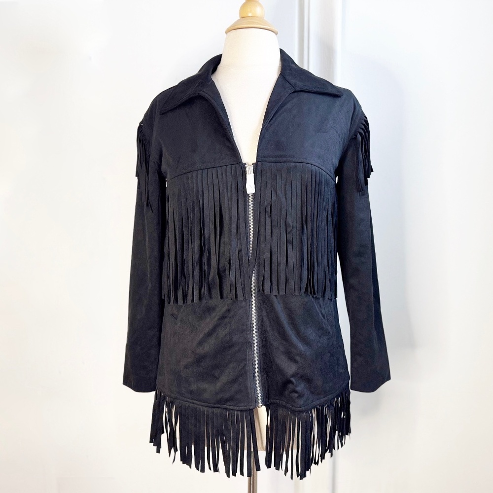 NEW Creations X Debbie Denmon Black Fringed Faux Suede Jacket Western Boho Small